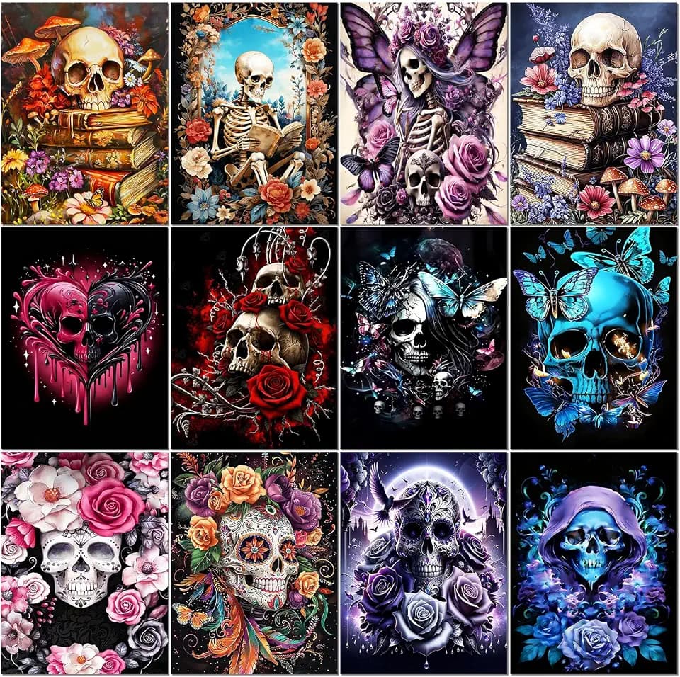 BWFY 12 Pack Skull Diamond Painting Kits for Adult, 5D Diamond Art Kit Paint by Number for Beginners, DIY Paint with Round Full Drill Diamonds Paintings Art for Home Wall Decor Gift (Skull)