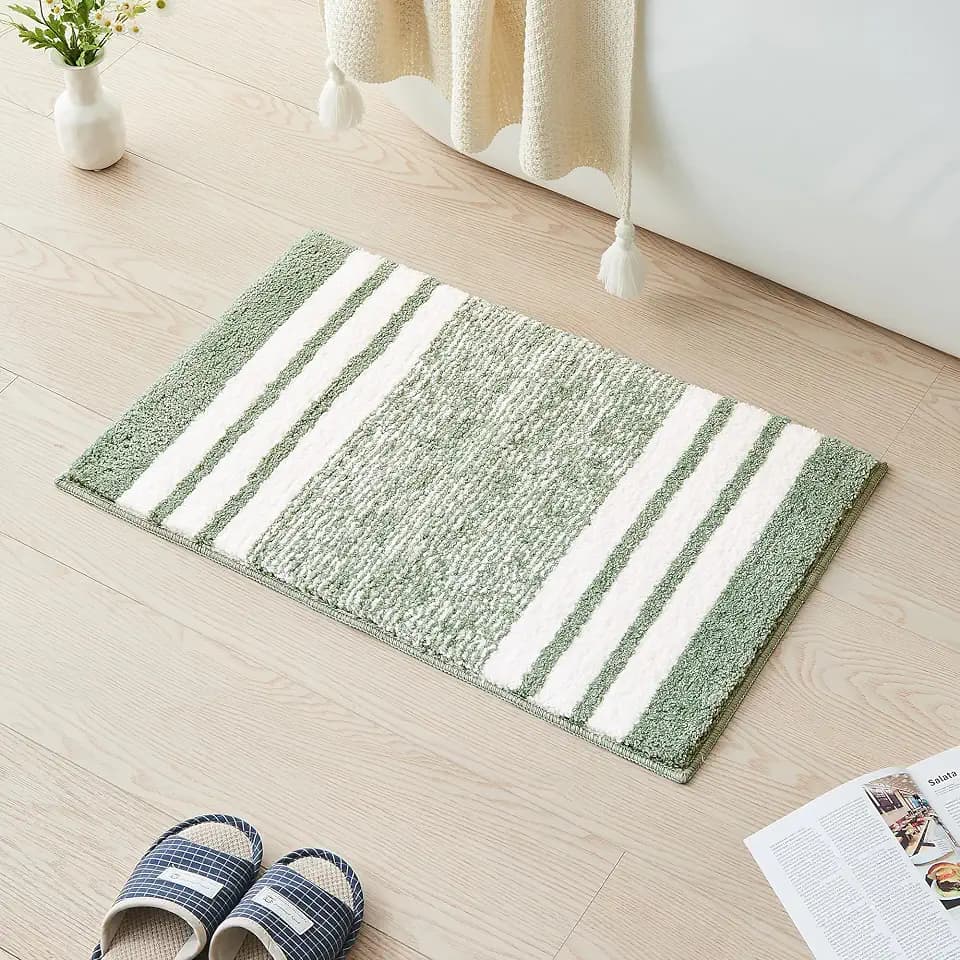 CozeCube Sage Green Striped 32"x20" Non Slip Washable Bath Mat