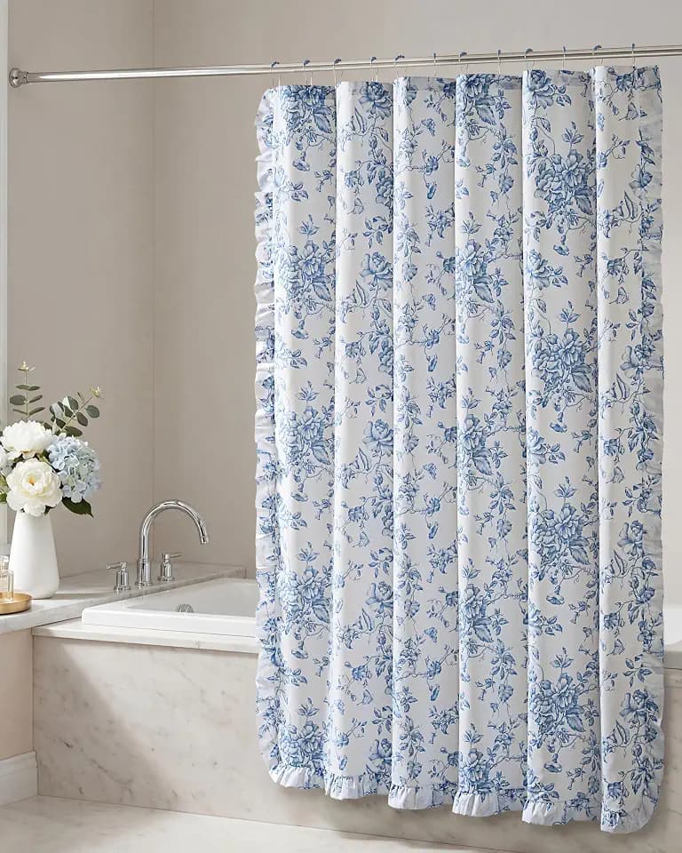 Madison Park Adele Floral Ruffle Shower Curtain Set, Blue, 72x72
