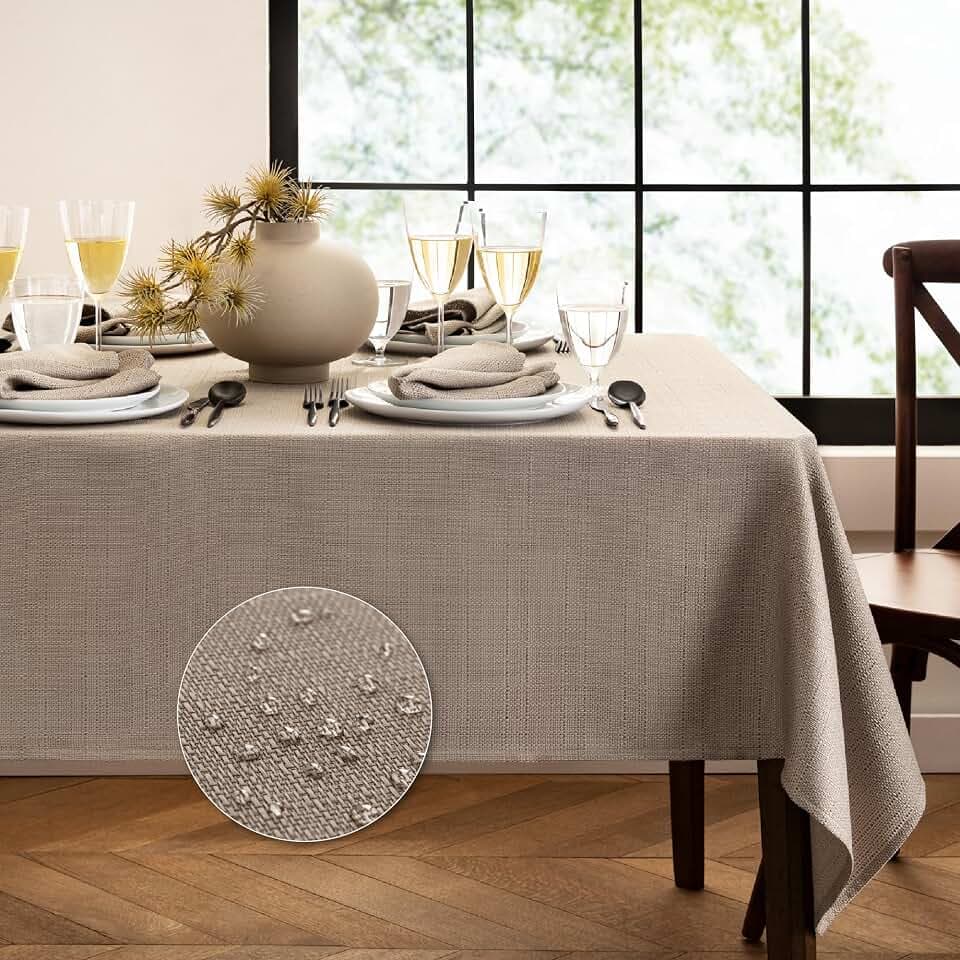 Elrene Home Fashions Laurel Solid Texture Water and Stain Resistant Tablecloth, 60"X120" Rectangle, Taupe