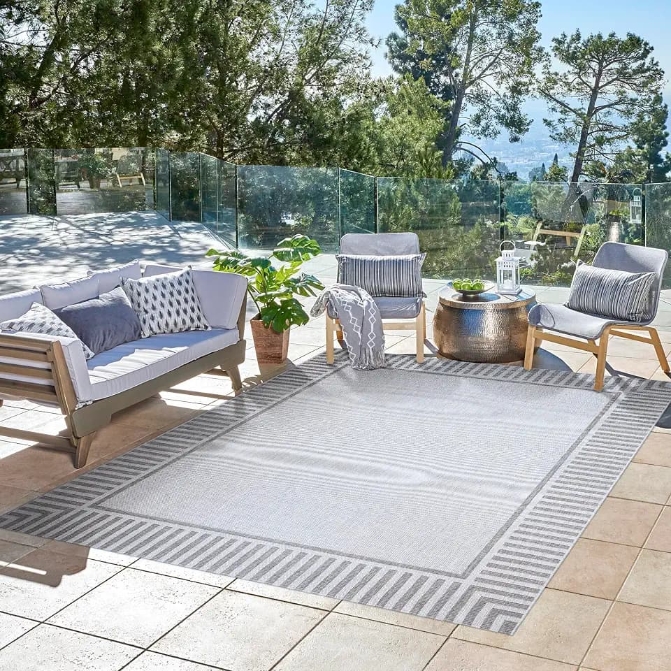 Gertmenian Indoor/Outdoor Flatweave Area Rug - 6x9 Medium, Stain & UV Resistant, Ideal for Deck, Patio, Poolside, Mudroom - Klano Striped Ash, Steel, 25428