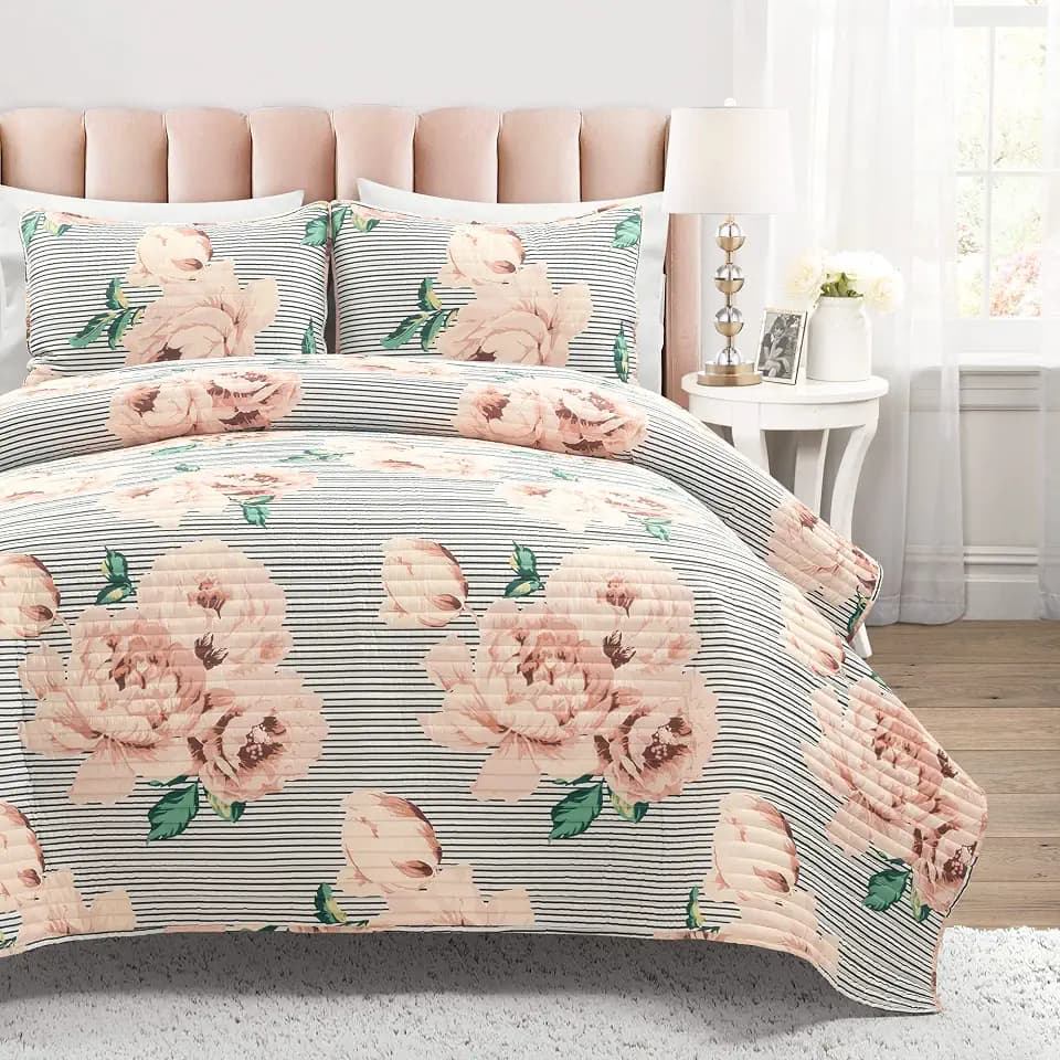 Lush Decor Mira Vintage Floral Quilt King Size 3 Piece Set Dusty Rose & Black - Floral Bedding Set King Quilt - Striped Quilts Lightweight