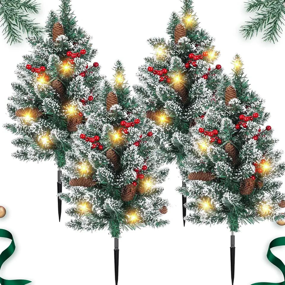 Lunmon 4 Pack Prelit Christmas Tree Urn Filler 24'' Outdoor Artificial Tree