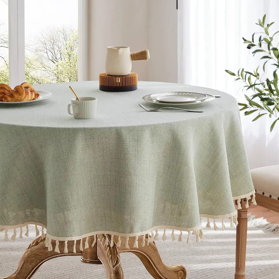 Tassel Linen Round Table Cloth, Sage Green 60 Inch