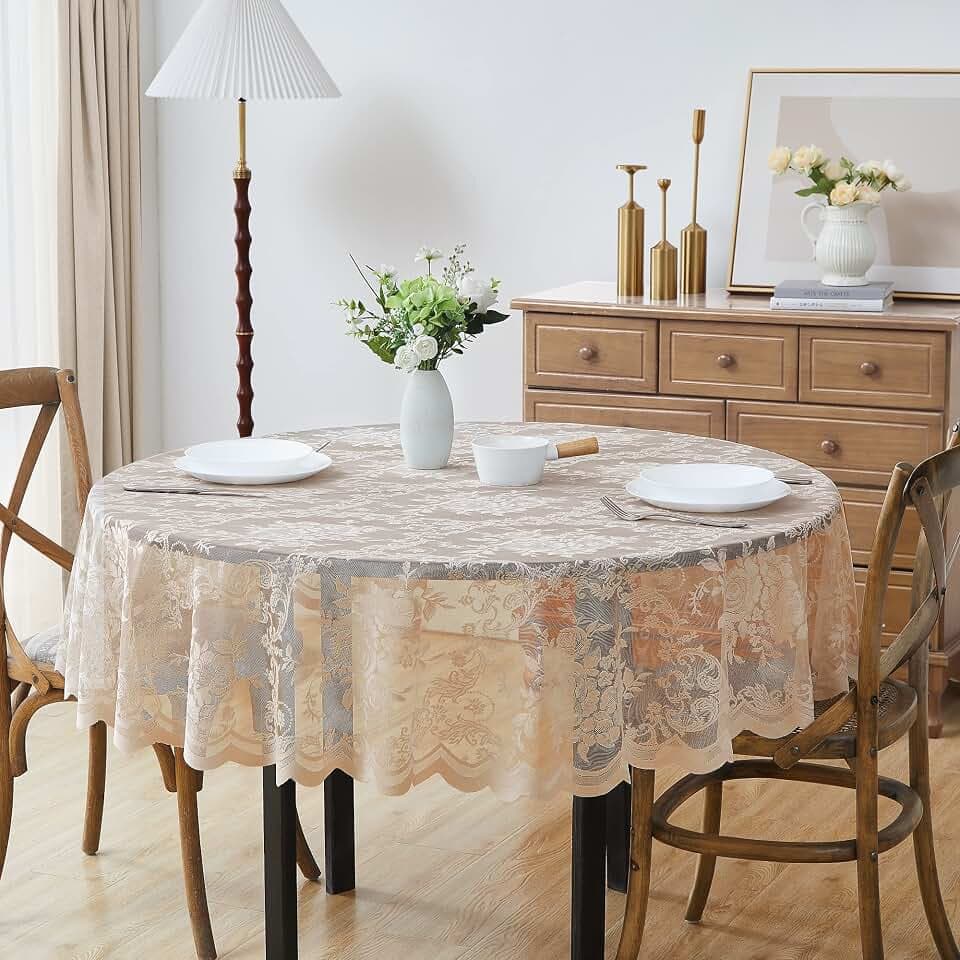LinenZone Beautiful 36 Round Linen Lace Tablecloth. (Luna TC 36 R, Linen)