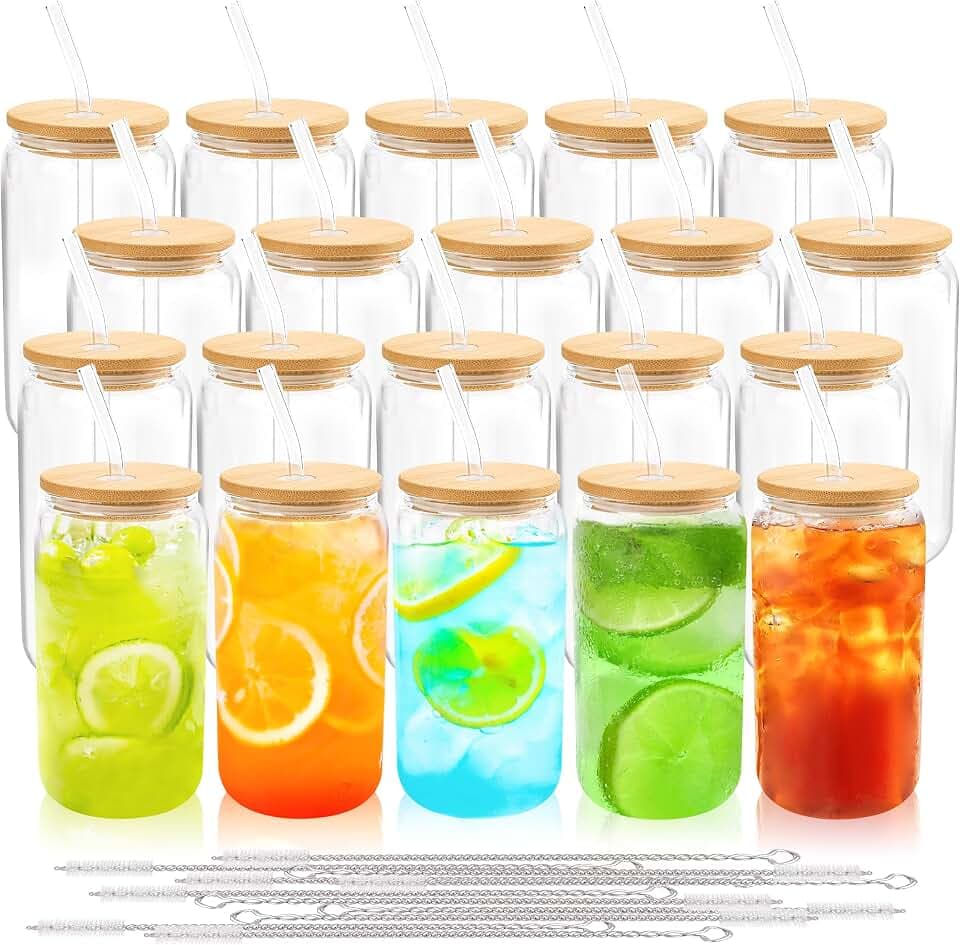Joyclub 20Pcs Glass Cups with Bamboo Lids and Straws Bulk 16 oz Can Shaped