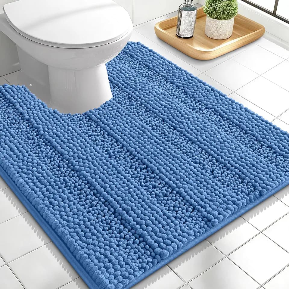OLANLY Thick Toilet Rugs U-Shaped 24x20, Chenille Bath Mat, Cornflower Blue