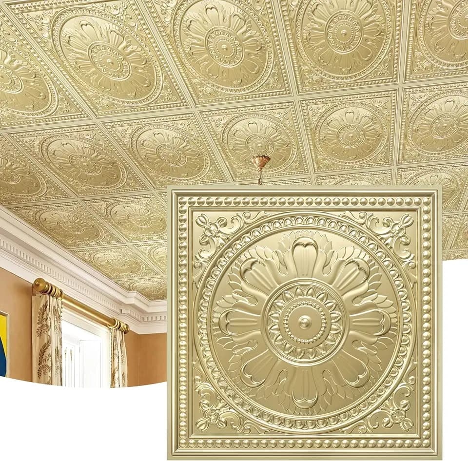 STICKGOO Drop Ceiling Tiles 24"x24", PVC Panels Waterproof Reusable, Covers 48 Sq.Ft., Baroque Decorative Ceiling Tiles for Home & Commercial Use (Pack of 12, Champagne Gold)