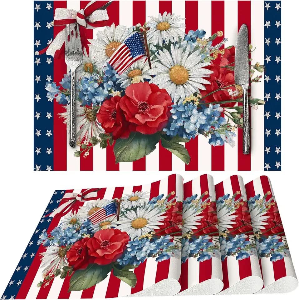 4th of July Placemats Set of 4 Washable Table Place Mats for Dining Kitchen Party Decor