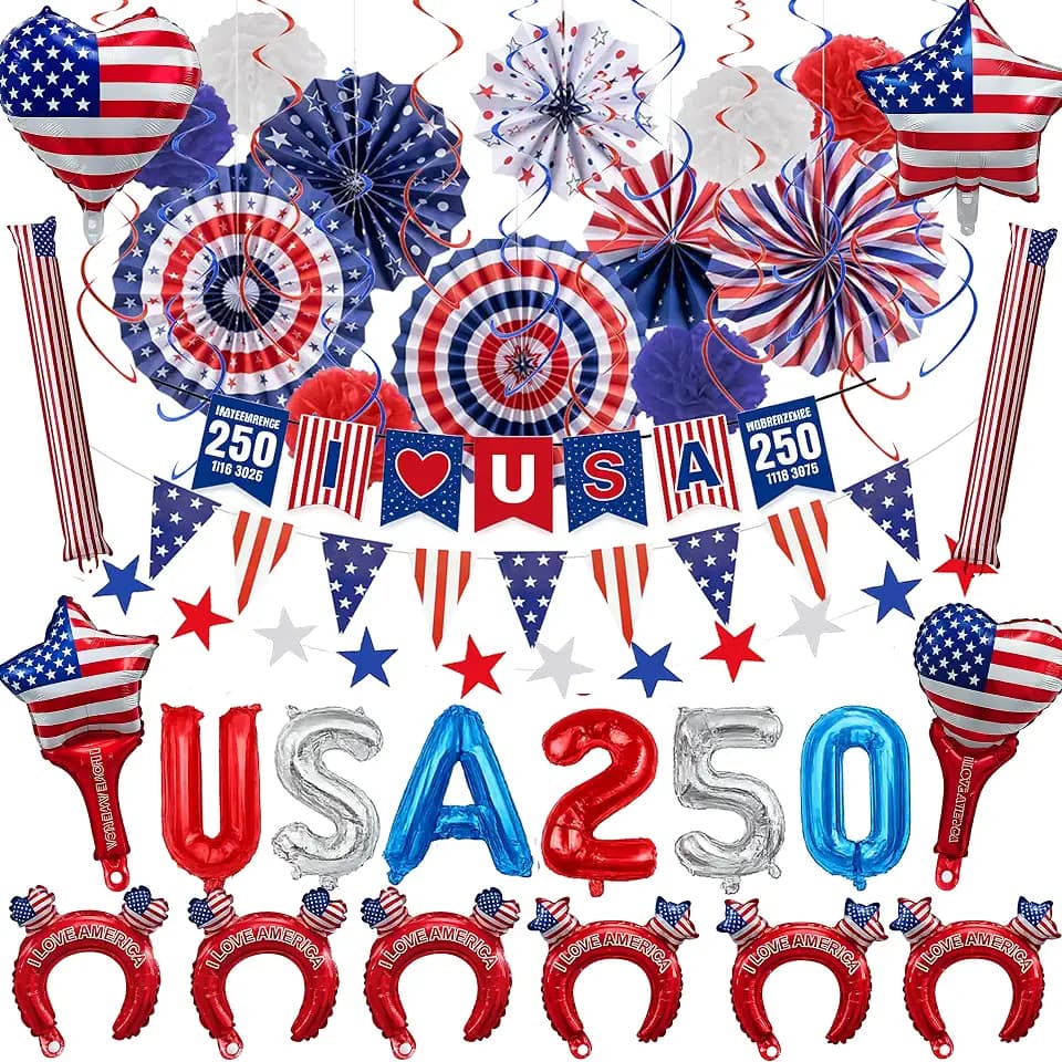 45Pcs 4th of July Decorations, Patriotic Red White Blue Party Set