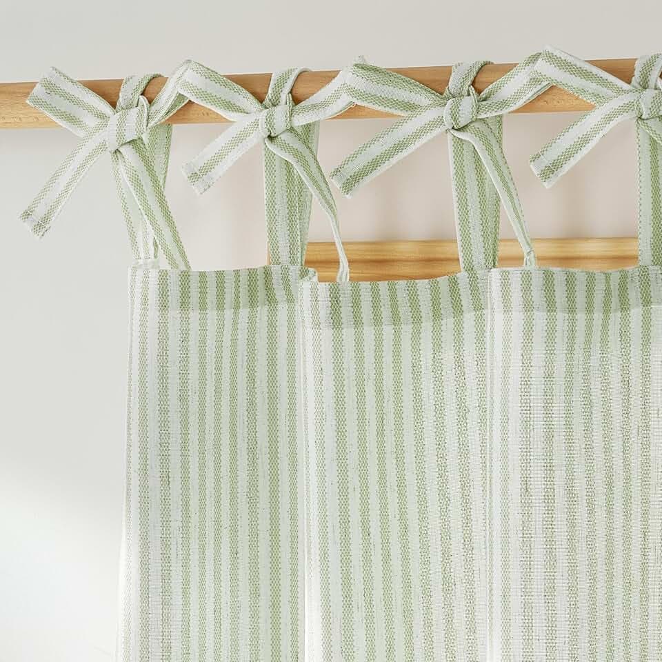 NICETOWN Tie Top Sage Green Linen Striped Curtains, W52xL84, 2 Panels