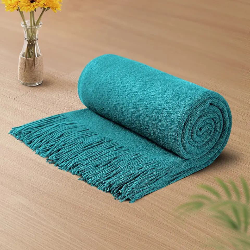 Vonty Teal Knitted Throw Blanket with Tassels Fringe, 50x60 Acrylic
