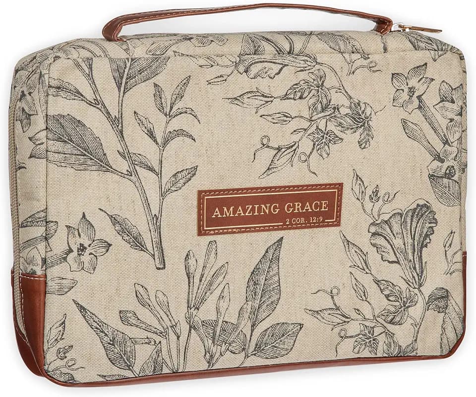 Christian Art Gifts Women's Premium Natural Canvas Vegan Leather Fashion Bible Cover: Amazing Grace - Inspirational Scripture, Sturdy Protective Book Carry Case Accessory, Creamy Brown Floral, Medium