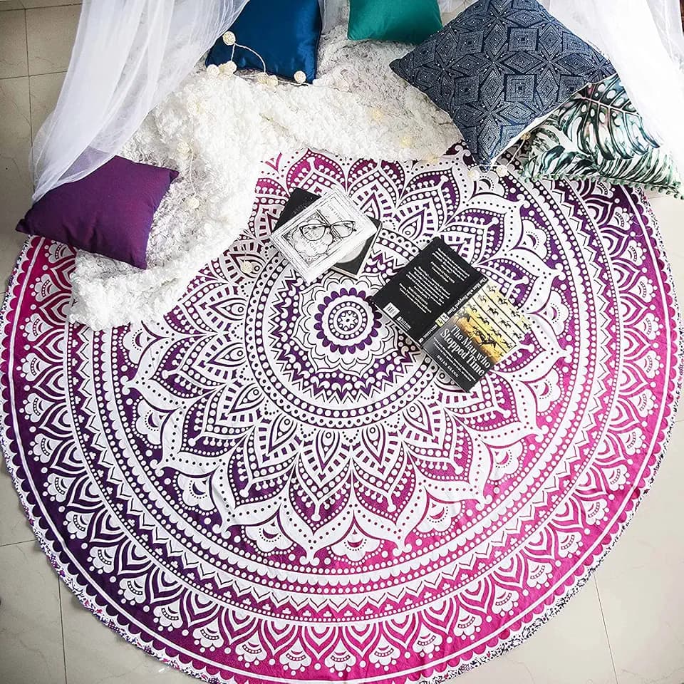 raajsee Pink Ombre Round Beach Tapestry Hippie/Boho Beach Blanket Roundie/Indian Cotton Throw Bohemian Round Table Cloth/Yoga Mat Meditation Picnic Rugs 69 inch Circle
