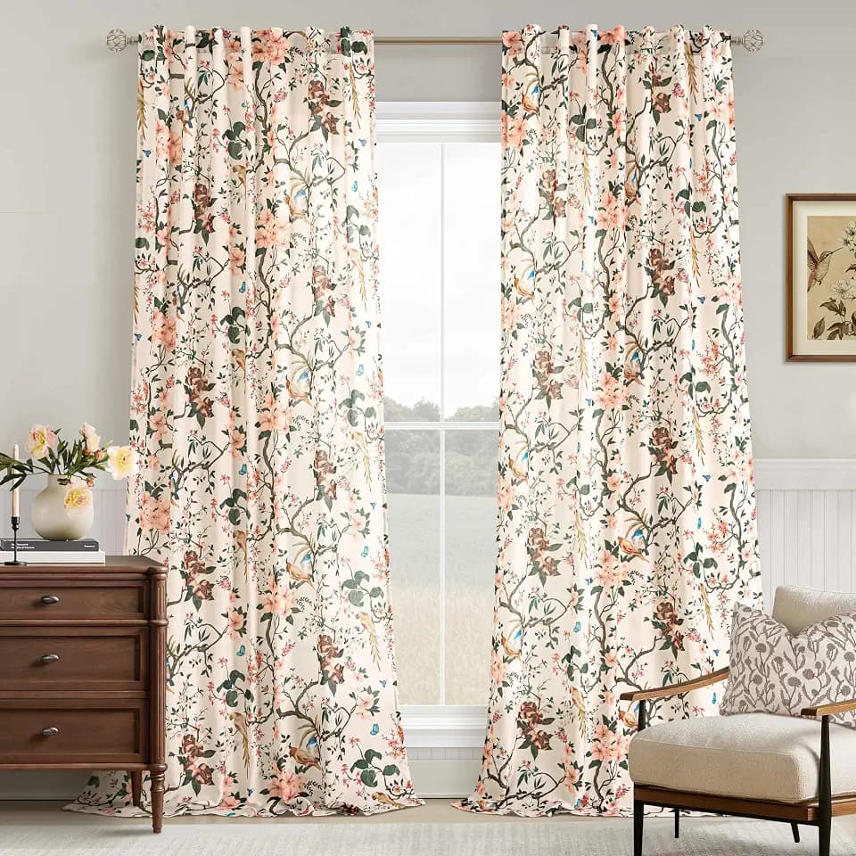 120 Inch Floral Bird Curtains for Living Room 2 Panels Set Sand Tan Beige