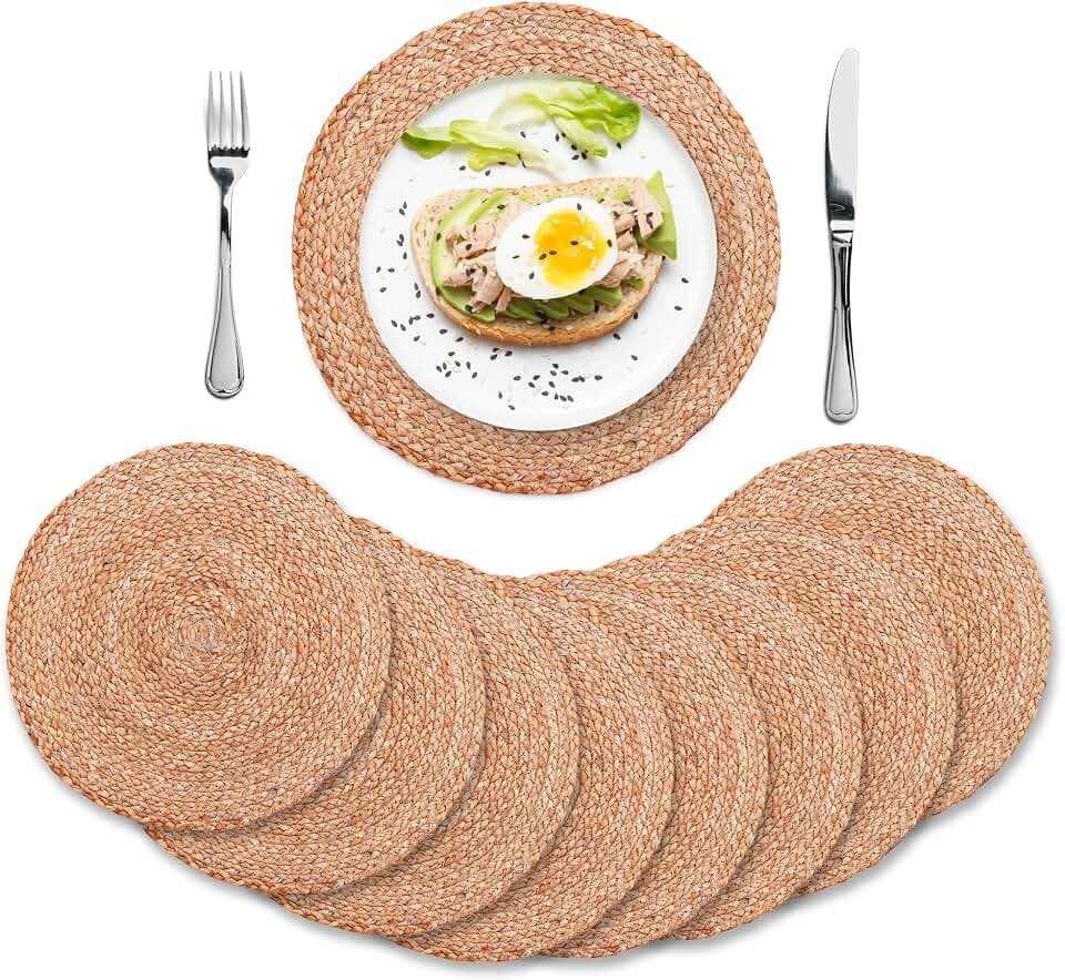 Eco Crave Natural Jute Placemats Set of 8, Round Woven Table Mats, 13 Inch Rattan Charger Plates for Dinner, Boho Farmhouse Braided Place Mats