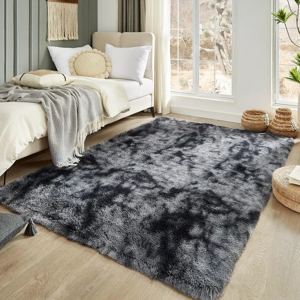 Floralux Shag Rug 5x7 for Living Room, Tie-Dyed Dark Grey, Soft Fluffy Area Rug, High-Pile Plush Indoor Carpets for Bedroom, Playroom, Nursery