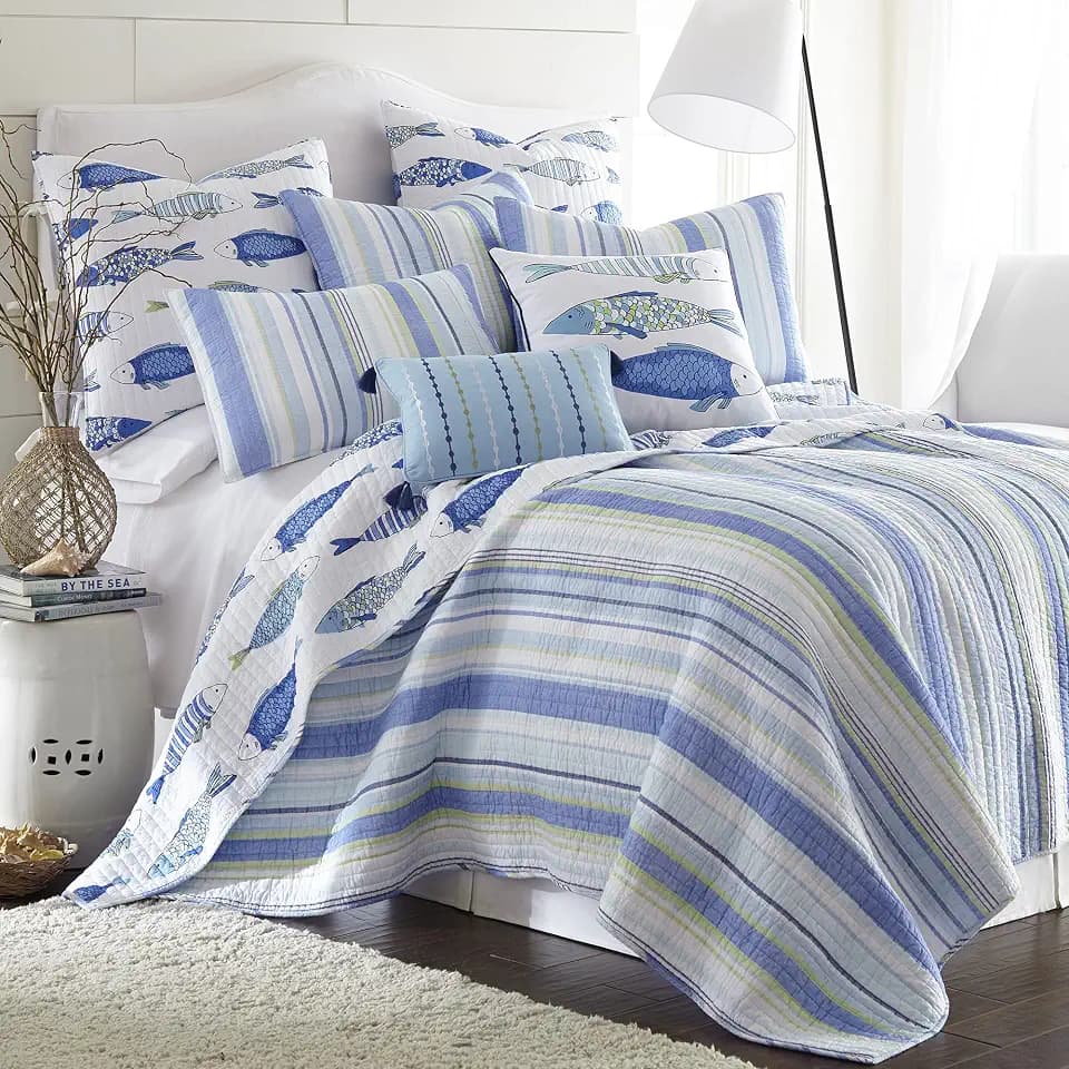 Levtex Home - Catalina Quilt Set - Full/Queen Quilt (88x92in.) + Two Standard Pillow Shams (26x20in.)- Striped Coastal Pattern in Blues and Greens - Reversible - Cotton Fabric