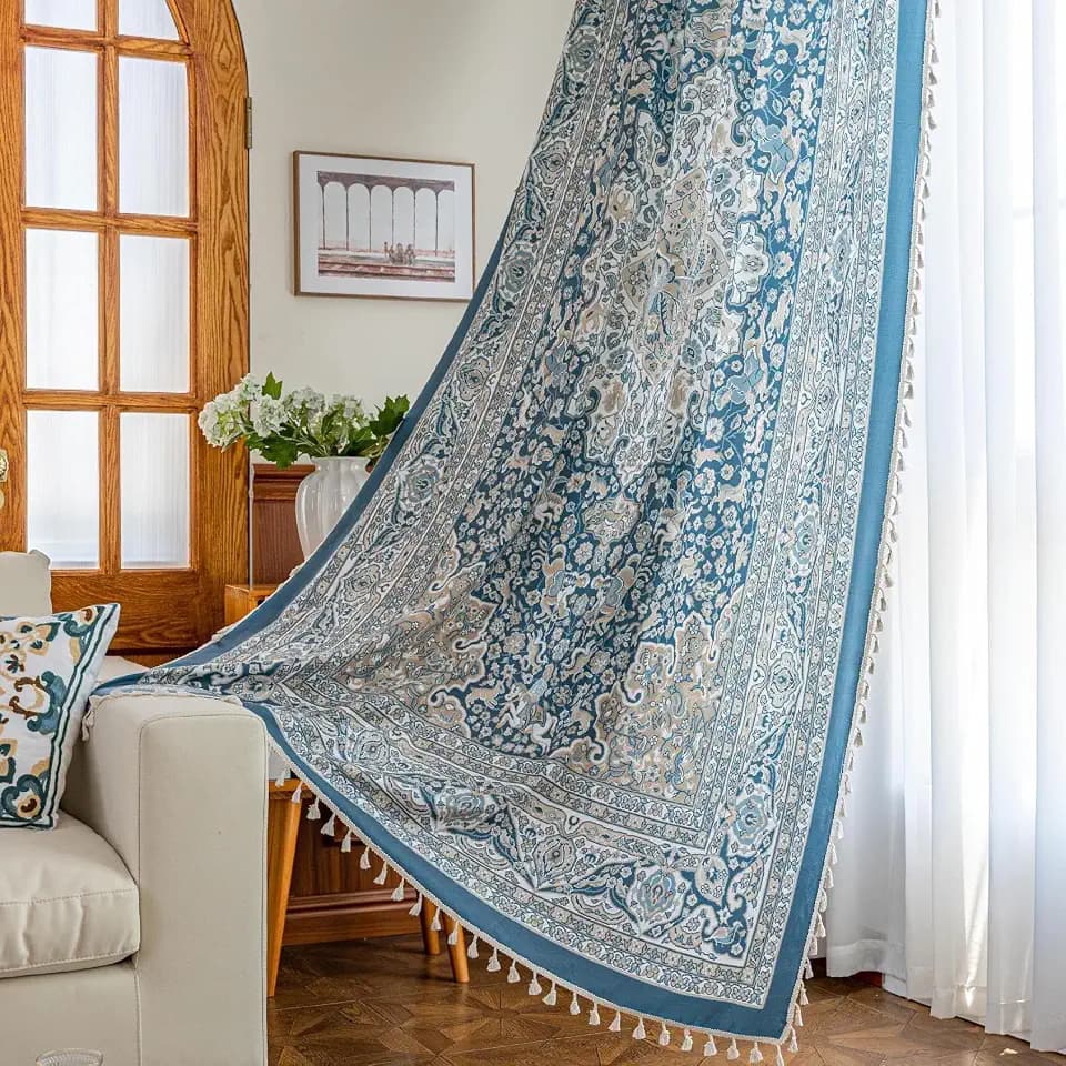 Blue Medallion Curtains 102 Inches Long, Boho Farmhouse Light Filtering Rod Pocket Drapes with Tassel Trim for Bedroom Living Room, 2 Panels