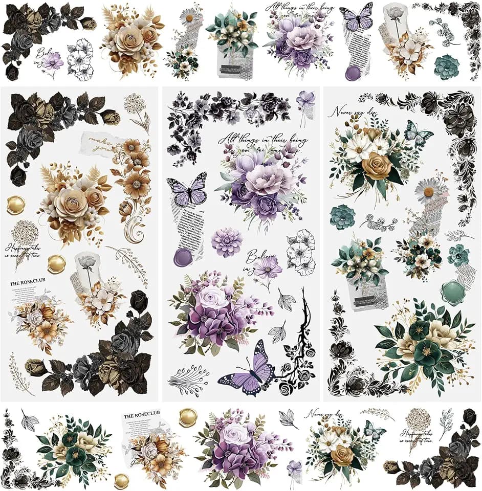 WANDIC 3 Sheets Rub on Transfers Stickers for Furniture,Vintage Flowers.Transfer Decals Waterproof Decorative Stickers for DIY Crafts, Cups, Scrapbooks,15x30cm