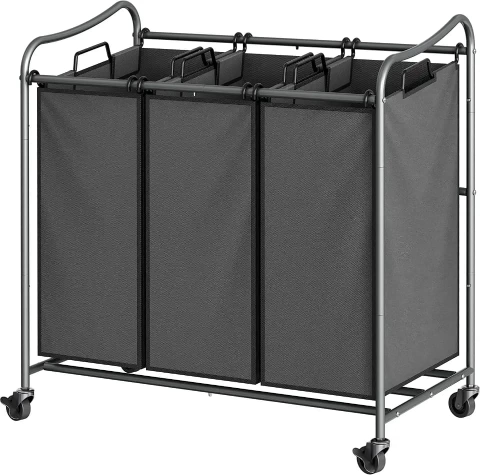 Simple Houseware Heavy Duty 3-Bag Laundry Sorter Rolling Cart, Dark Grey