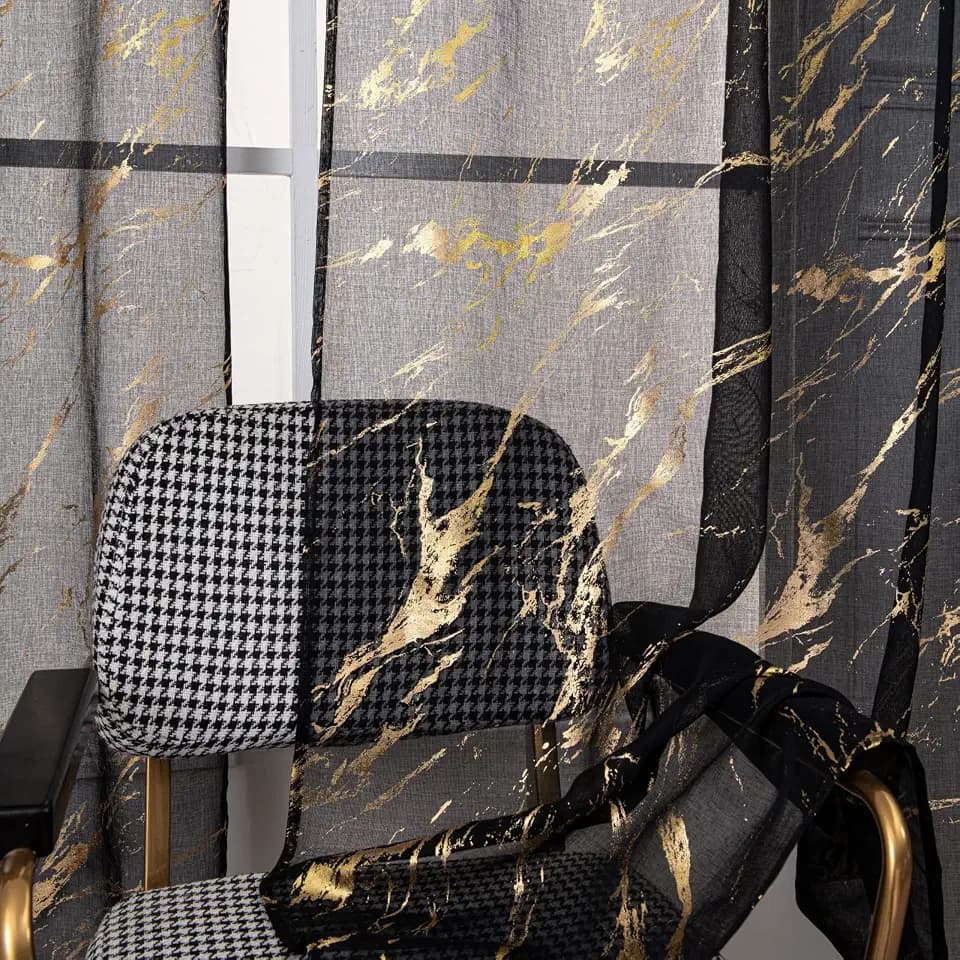 Sutuo Home Marble Sheer Curtains 84 Inch Length 2 Panels Set, Gold Foil Print Metallic Bronzing, Privacy Window Treatment Abstract Drape Pair for Bedroom Kitchen Living Room 52" W x 84" L, Black