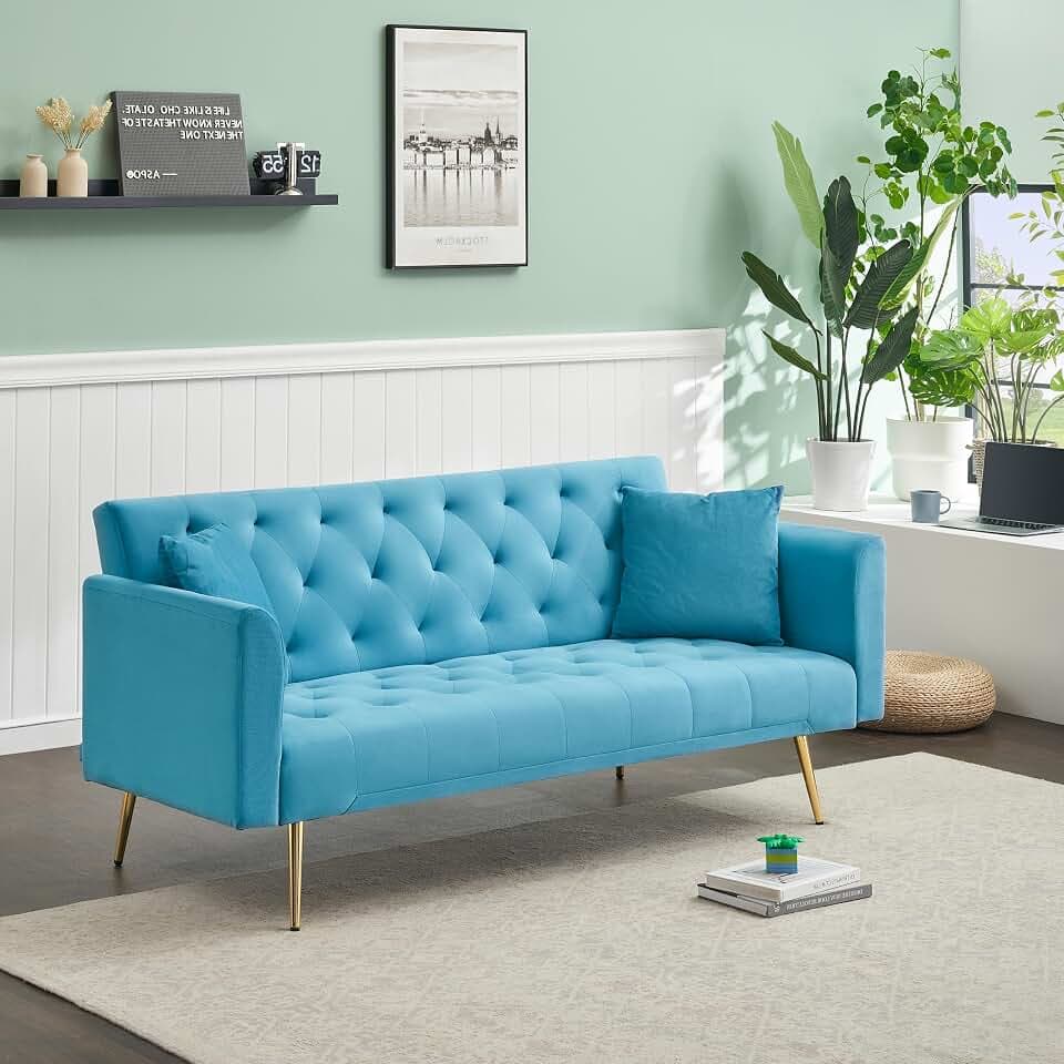 KEIKI 71 INCH Loveseat Sofa with Adjustable Backrest, Upholstered 2 Seater Velvet Couch for Living Room Bedroom Office Apartment, Light Blue
