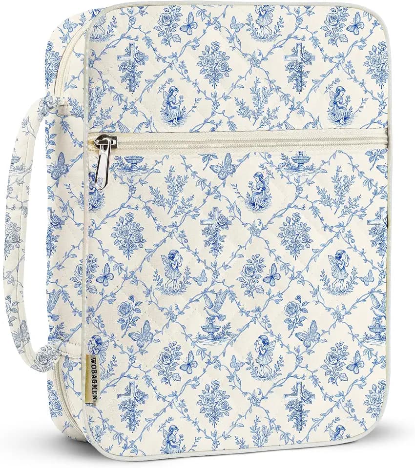 WOBAGMEN Bible Cover Case for Women,Large Bible Tote Bags Organizer Quilted Carrying Case for Girls,Bible Study Supplies Accessories Christian Gifts for Women (Vintage Blue, M)