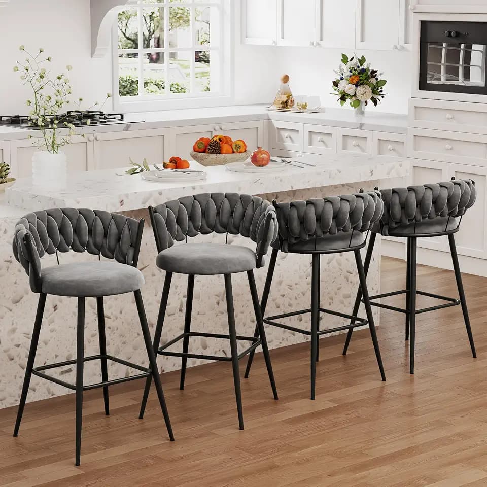HAOBO Home 30" Metal Bar Stools Counter Height Barstools Set of 4 Modern Bar Chairs with Woven Back (Light Grey)
