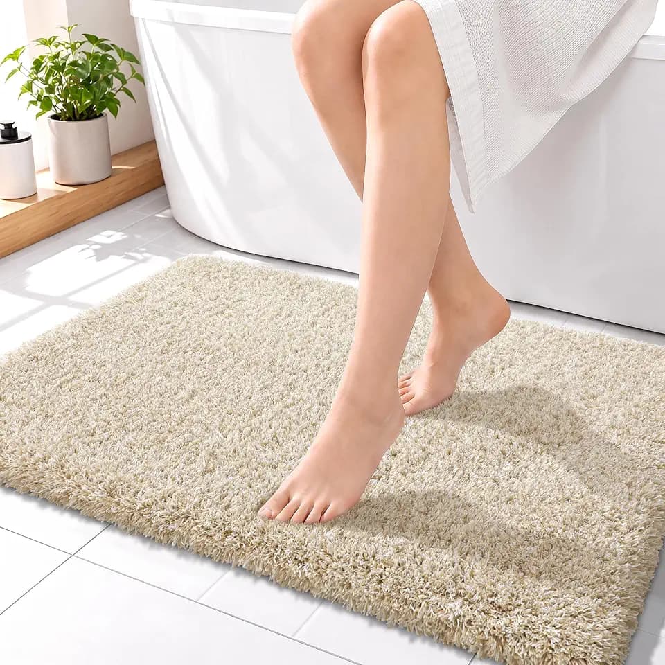 Yimobra Bathroom Rugs Non Slip Washable 36X24, Plush Bath Mat, Beige&White