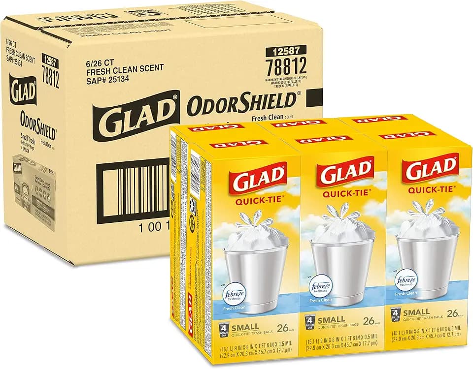 Glad Trash Bags, Small Garbage Bags - OdorShield 4 Gallon White Trash Bag, Gain Fresh Scent with Febreze - 26 Count (Pack of 6)
