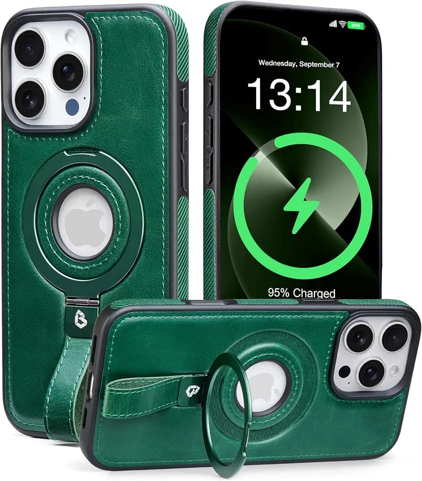Butaiga for iPhone 14 Pro Max Case Leather Strap with Ring Stand, Green