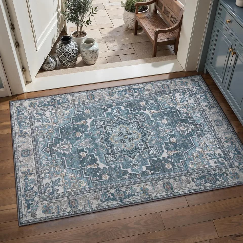 Vintage Small Area Rugs for Entryway, Non Slip 2x3 Washable Rug Blue Grey