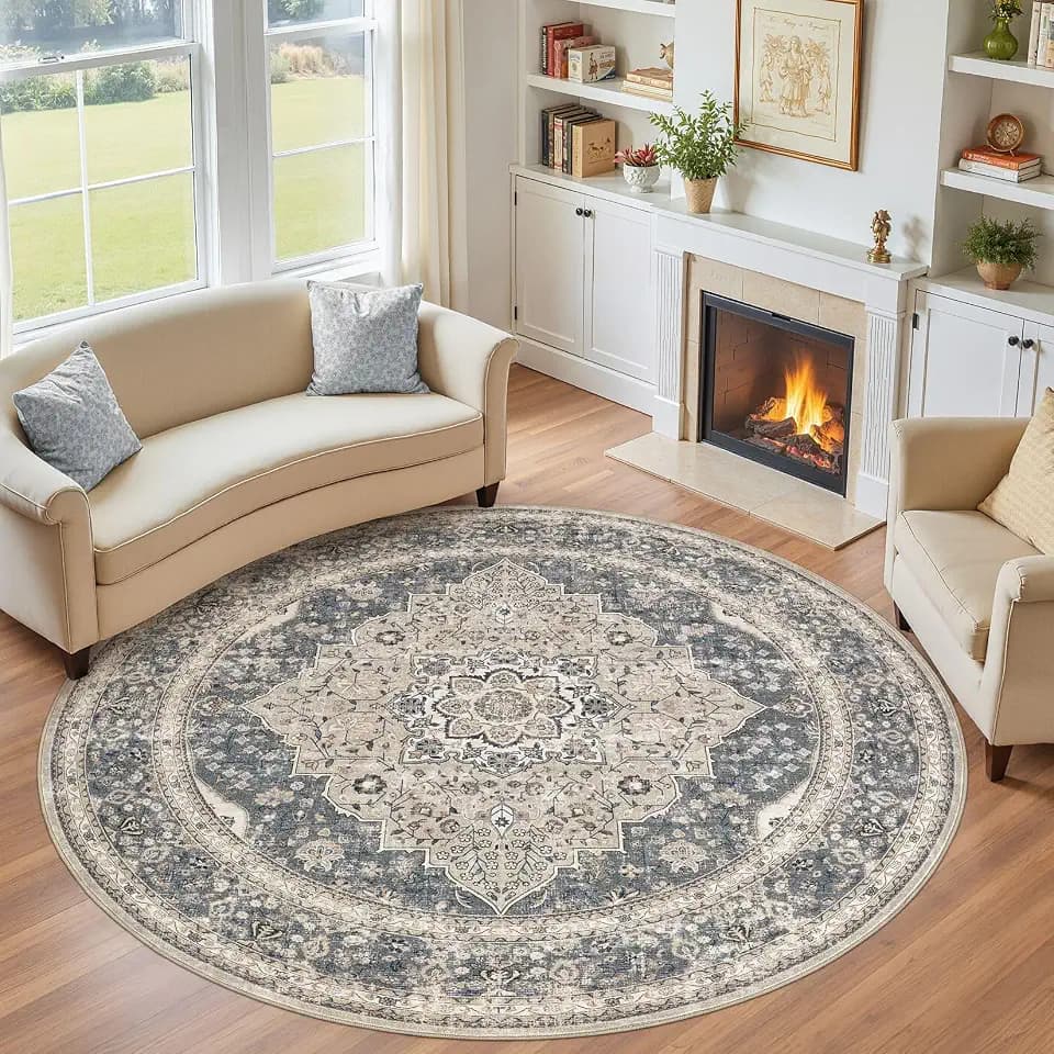 Vintage 8 Ft Round Washable Area Rugs for Living Room, Non Slip, Blue