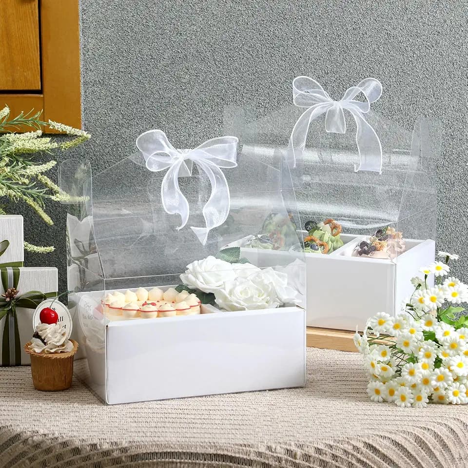 Honeydak 10 Pcs Cake and Flower Clear Boxes with Handle Ribbon Cajas Para Arreglos Florales Portable Transparent Gift Packaging for Holiday Wedding Birthday Party Supplies(Regular,4 Inch,White)