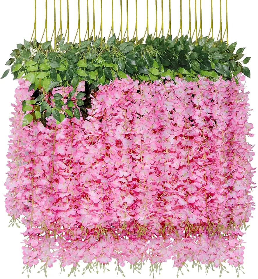 U'Artlines 24 Pack (Total 86.4 Feet) Artificial Fake Wisteria Vine Rattan Hanging Garland Silk Flowers String Home Party Wedding Decor (24, Pink)