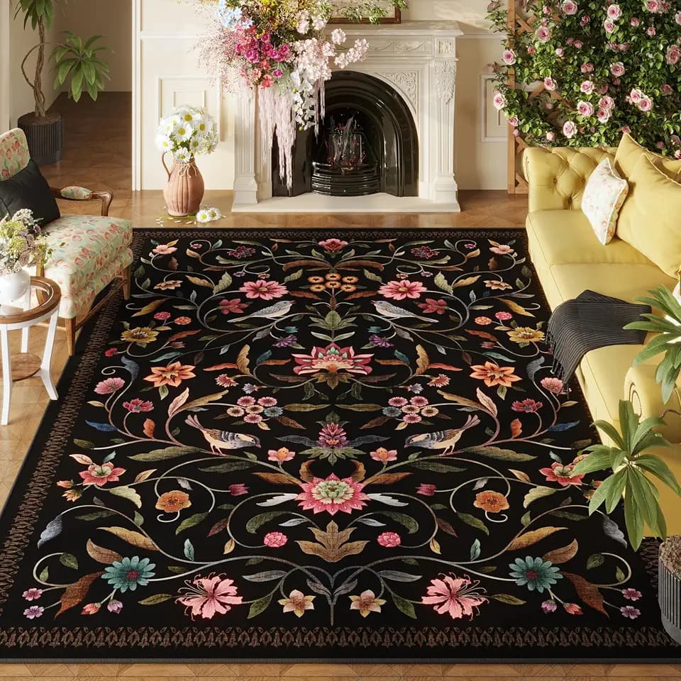 Vintage Medallion Floral 5x7 Area Rugs, Machine Washable Non-Slip, Low Pile Soft Carpet for Living Room, Bedroom, Dining Room, Farmhouse, Kids Playroom, Office | Black
