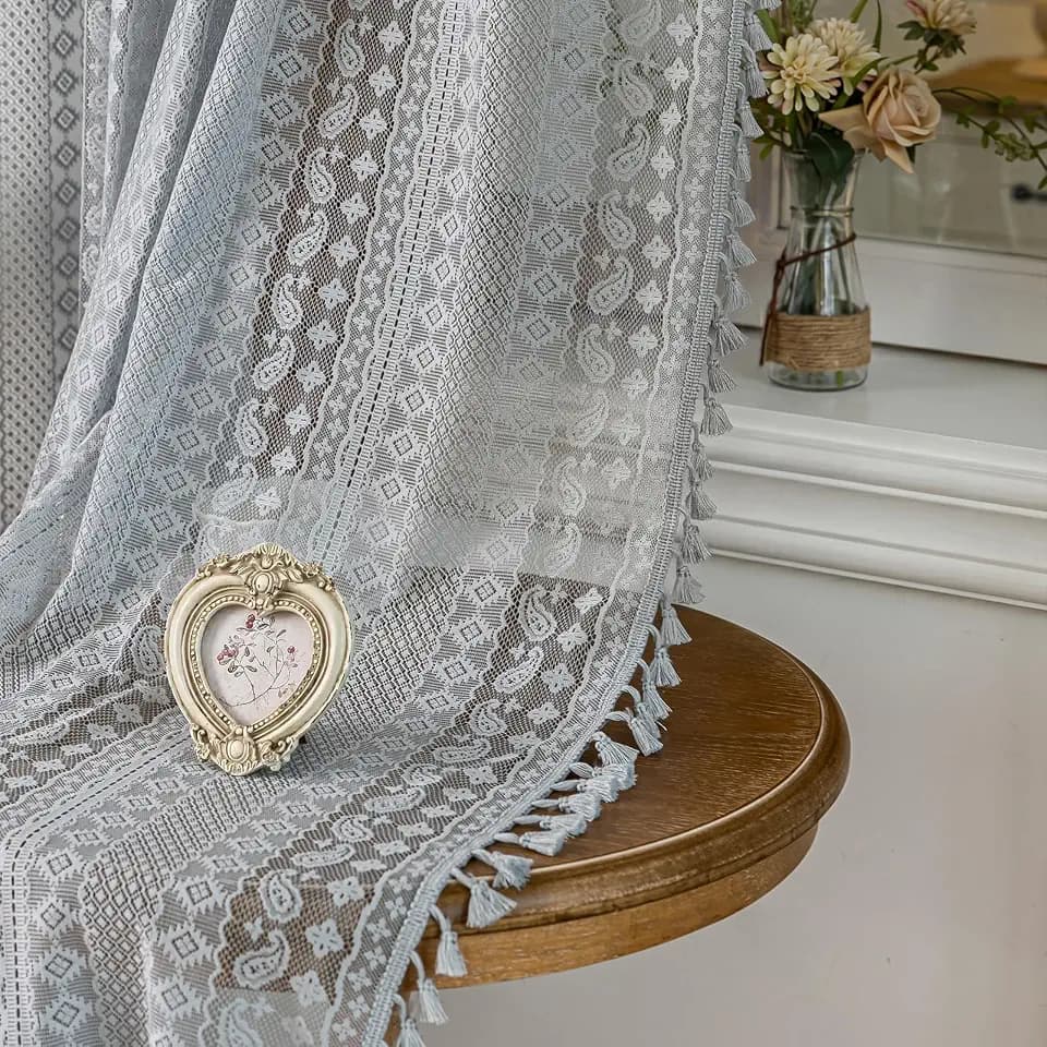 Sheer Boho Lace Curtains 84 Inches Long, Stone Blue, Set of 2 Panels