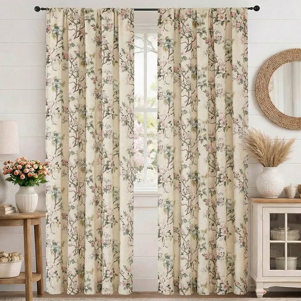 Simplebrand Cream Floral Curtains 84 Inch Length 2 Panels Set, Faux Linen Textured Semi Light Filtering Farmhouse Curtains & Drapes, Soft Slub Window Curtains for Living Room Bedroom, Each 52" Wx84 L