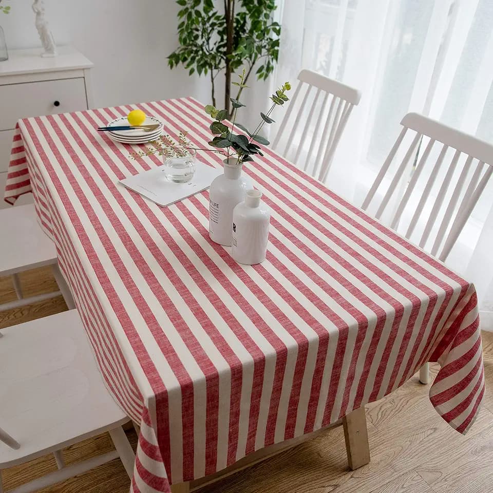 Aquazolax Burlap Thanksgiving Christmas Tablecloth, Red and White Striped Decorative Linen Table Cover Protector for Dinning Tables, 54 by 72 inches
