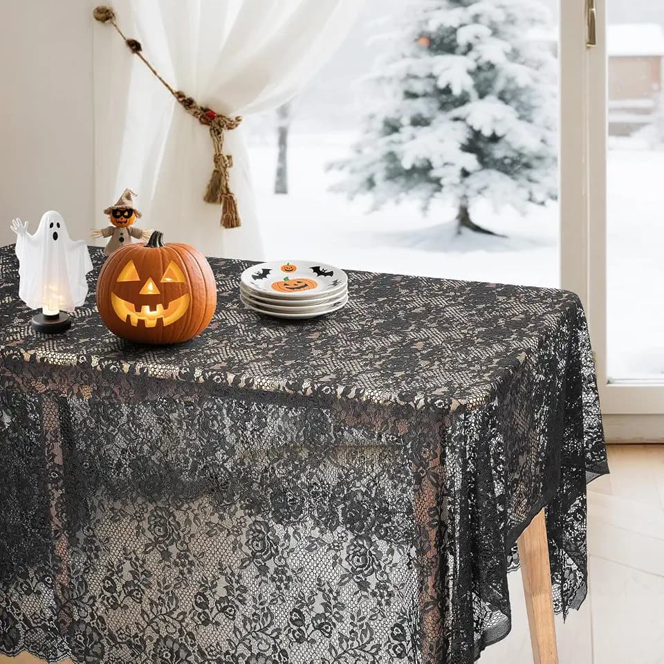 60 x 120 Inch Black Lace Tablecloth - Elegant Vintage Overlay for Rustic Boho Weddings, Bridal Showers, and Parties Classy Rectangular Reception Table Decor with Embroidered Design (Black)