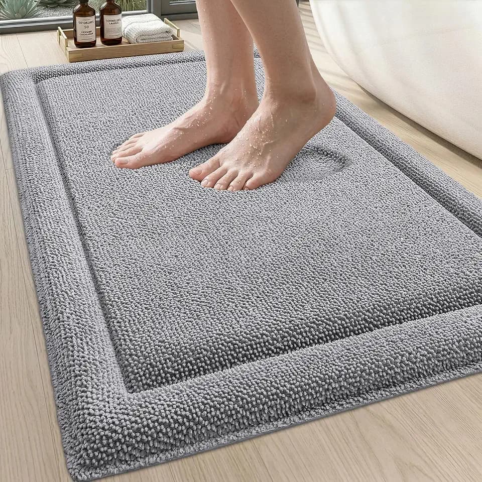 DEXI Memory Foam Bath Mat 24x17, Thick Chenille Bathroom Rug, Light Grey