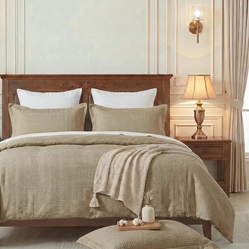 100% Cotton Waffle Weave Duvet Cover Set Queen Size,90”x90”(Khaki)