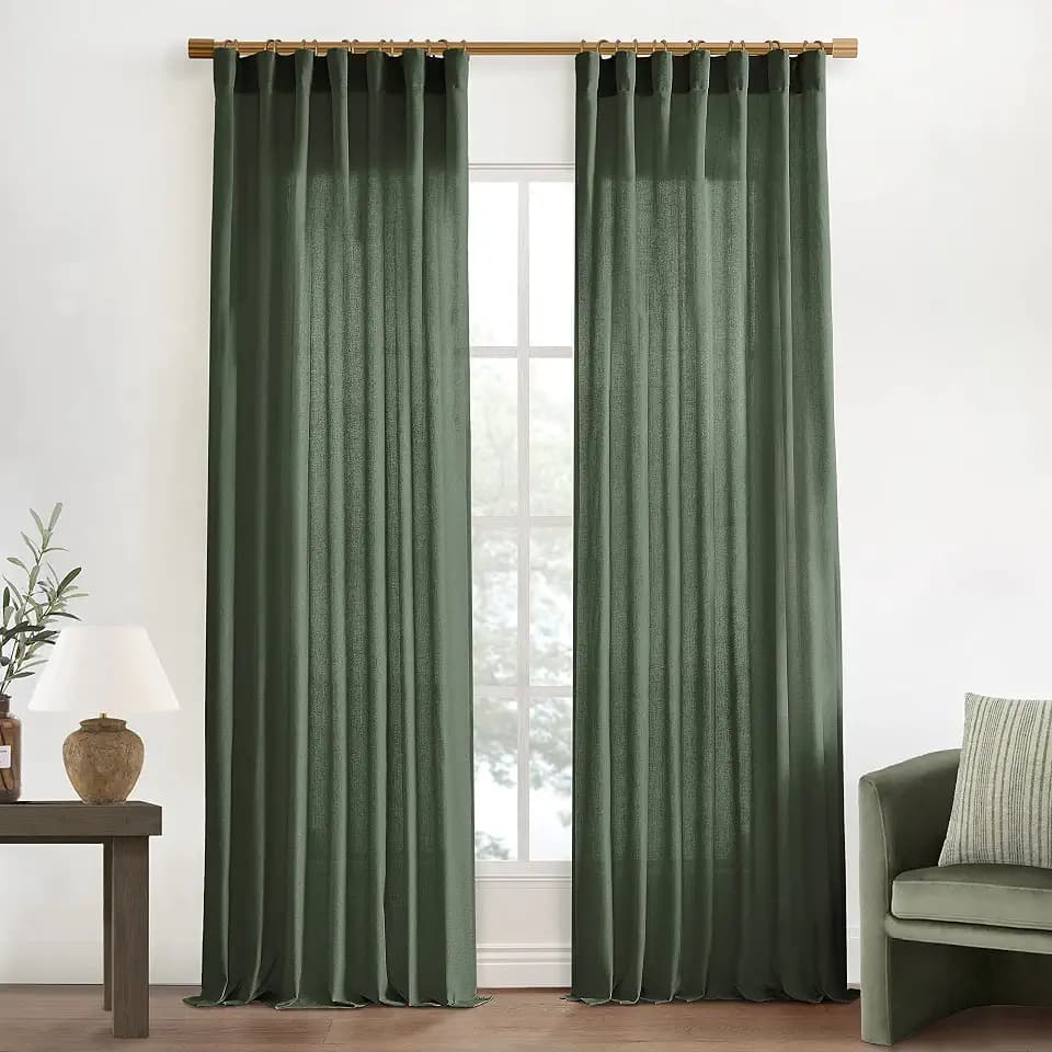 XTMYI 96 Inches Long Curtains Drapes for Sliding Glass Patio Door,Textured Cotton Boho Linen Sheer Window Curtain Panels,Set of 2,Moss Olive Green