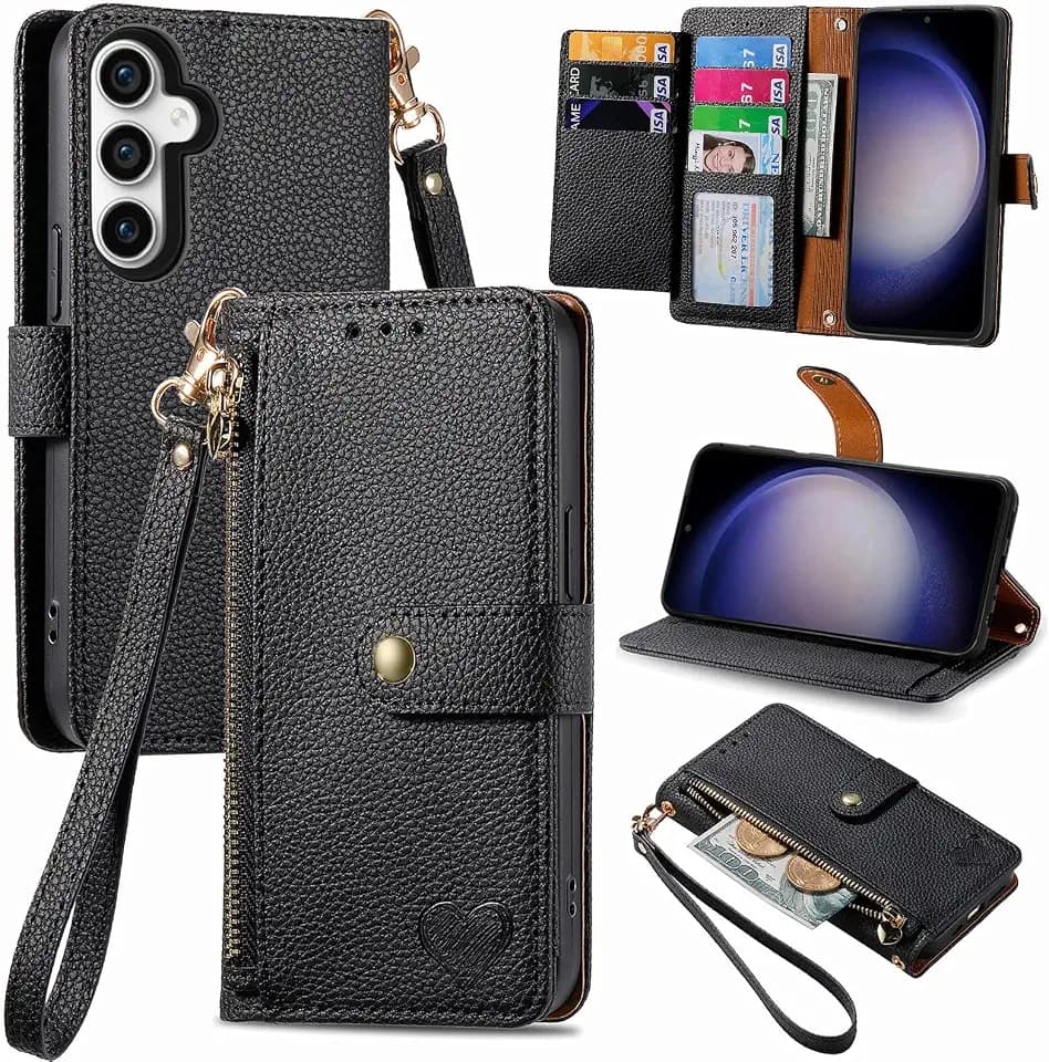 Handyhülle für Samsung Galaxy S23 FE 5G Hülle Klappbar Klapphülle Schutzhülle mit Kartenfach RFID Reißverschluss Handy Tasche Leder Flip Case Cover Handytasche Frauen - Schwarz