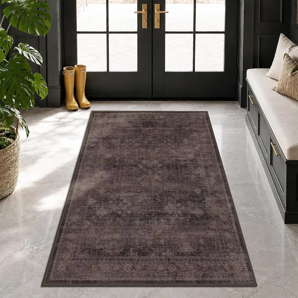 Washable Non-Slip 3x5 Entry Rug for Entryway, Kitchen, Boho Dark Taupe Brown Vintage Traditional Oriental Indoor Front Door Mat, Stain Resistant Faded Geometric Small Throw Area Rug for Bathroom