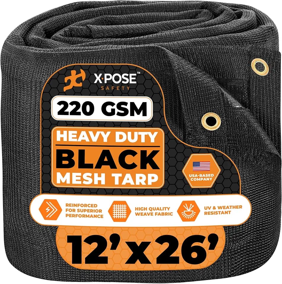 Xpose Safety Heavy Duty Mesh Tarp – 12’ x 26’ Multipurpose Black Protective Cover with Air Flow - Use for Tie Downs, Shade, Fences, Canopies, Dump Trucks – Tear Resistant