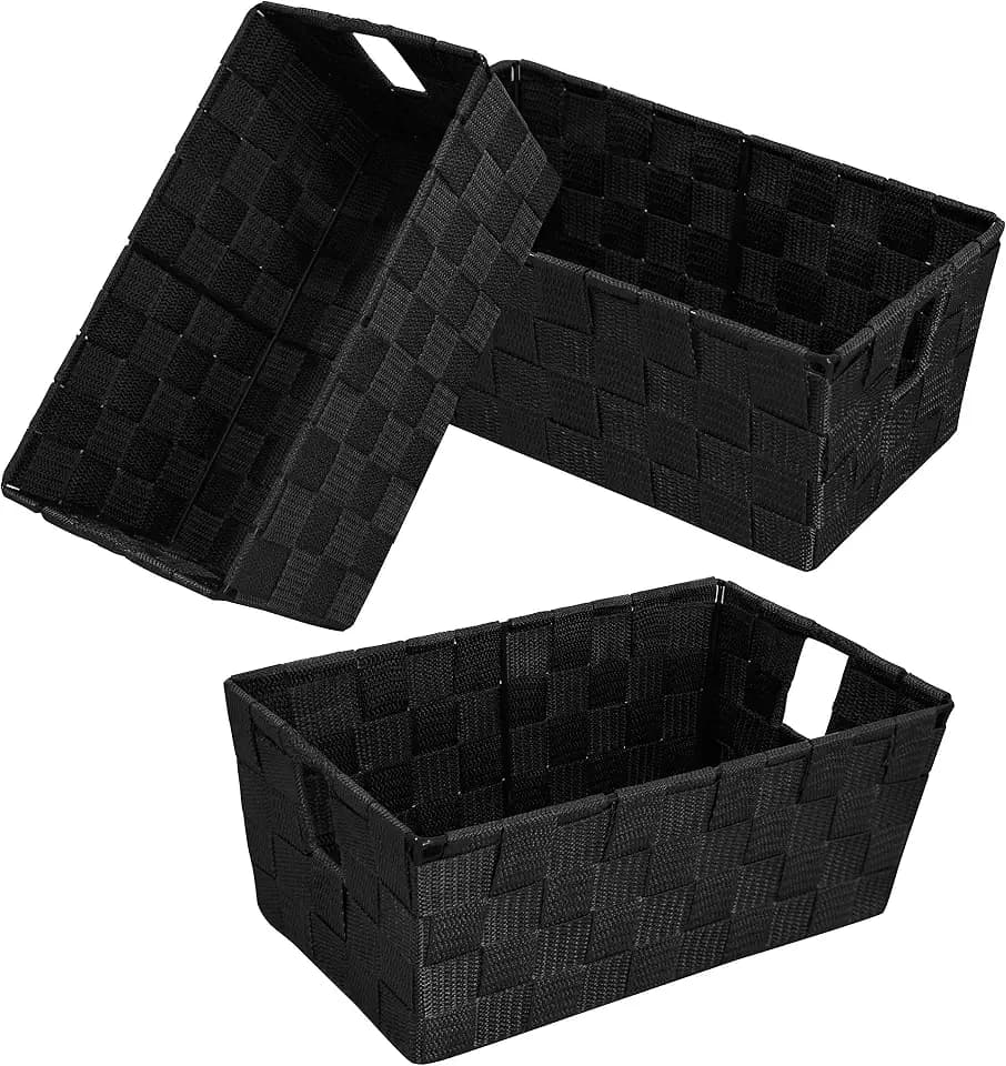 Woven Black Storage Baskets Shelf Tote Boxes Container, Durable Storage Organizer Bins with Built-in Handles for Bedroom, Office, Closet, Kids Room, Nursery, 3-Pack,11.4”x 6.5”x 4.5”