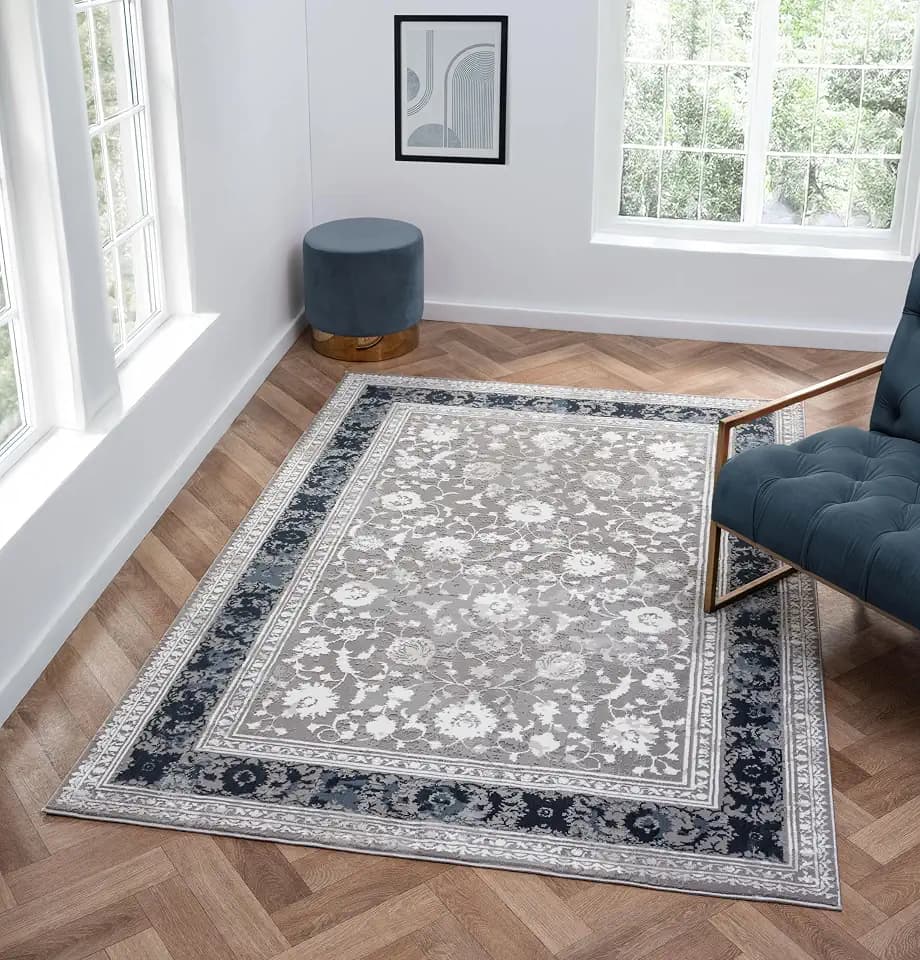 Amber Traditional Floral Area Rug for Living Room, 5x7 Vintage Persian-Inspired Blue Rug, Medium Pile Stain Resistant Carpet for Bedroom, Dining Room or Kitchen (5' x 7', Blue)