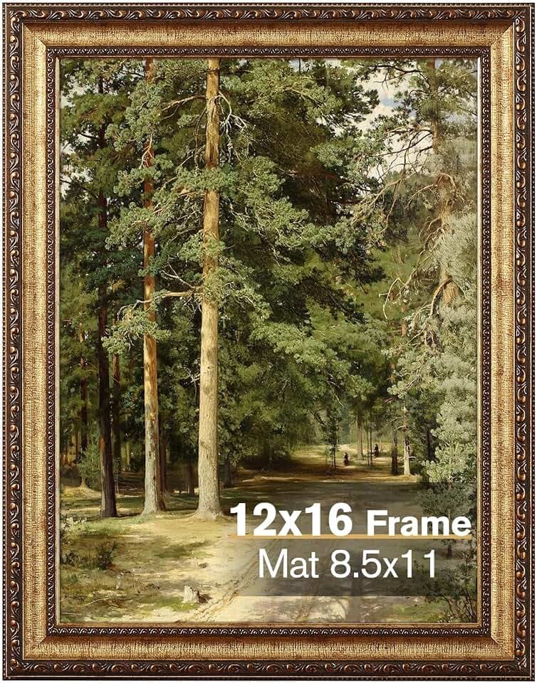 Splinterix 12x16 Gold Picture Frame Vintage, Matted to 8.5x11 Print, Large